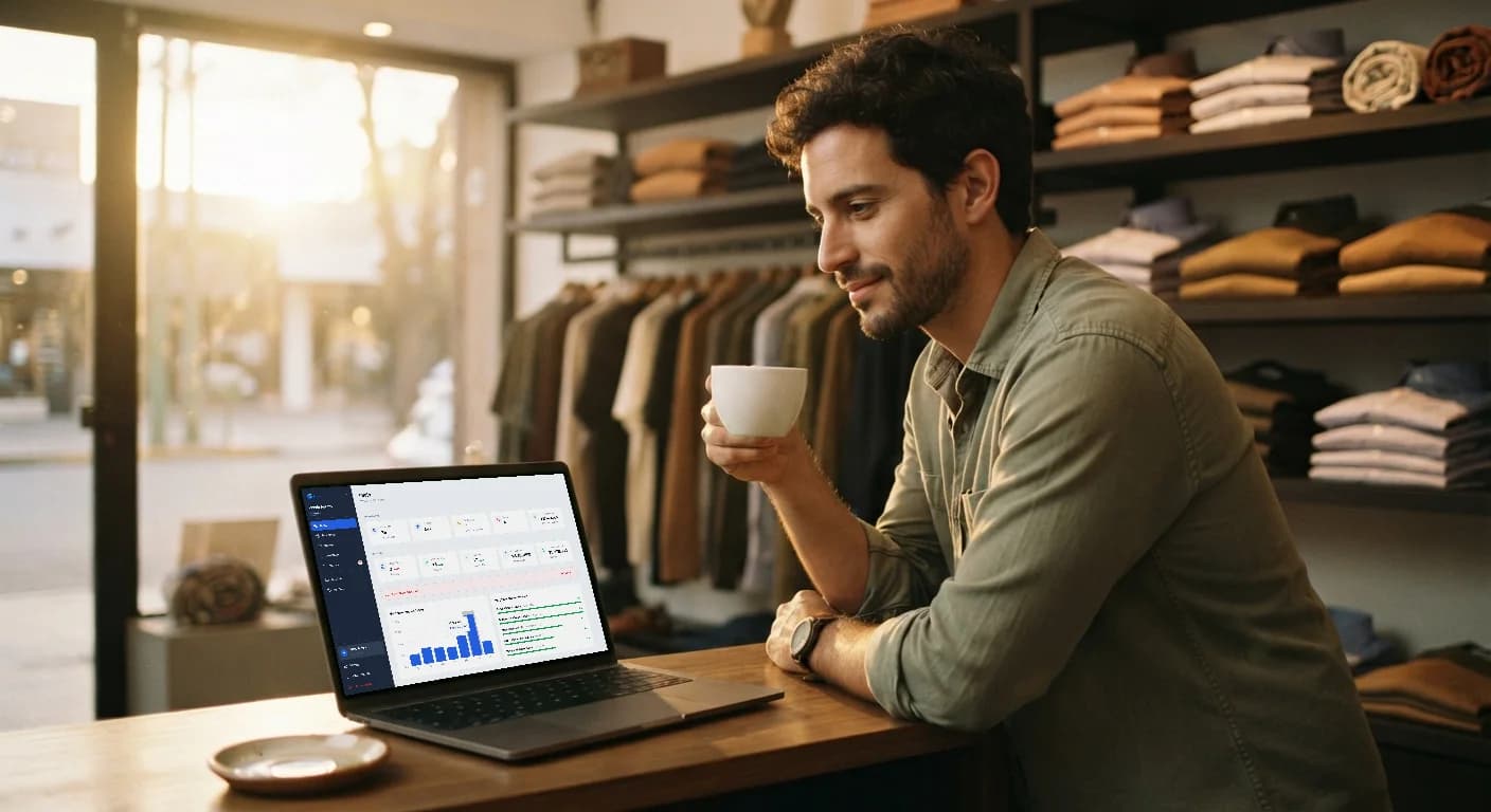 Dueño de un comercio relajado, con un café al lado, mirando el dashboard real de Stockio en su laptop.