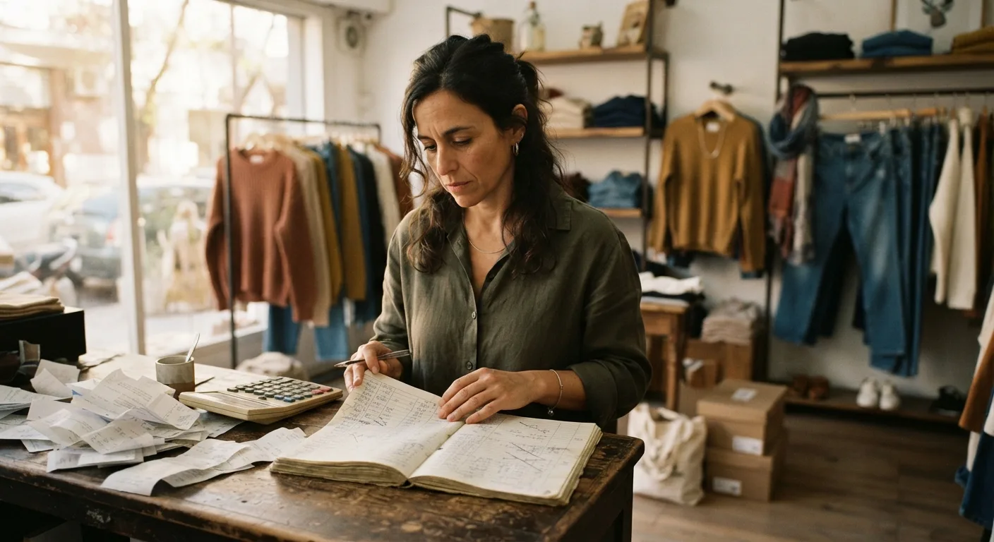 Dueña de un comercio agobiada detrás del mostrador, rodeada de un cuaderno con anotaciones a mano, una calculadora y comprobantes sueltos.