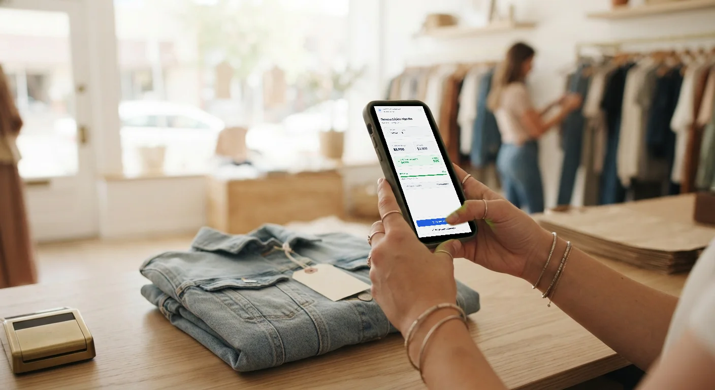 Manos de una vendedora escaneando con el celular un producto en el mostrador; la pantalla del teléfono muestra la tarjeta real de "producto escaneado" de Stockio, con precio, costo y 52% de margen.